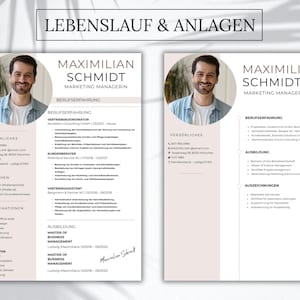 May include: Two resume templates titled LEBENSLAUF & ANLAGEN featuring a circular headshot of a man, contact details, professional experience, education, and skills sections. The documents use a clean layout with beige accents and black text.