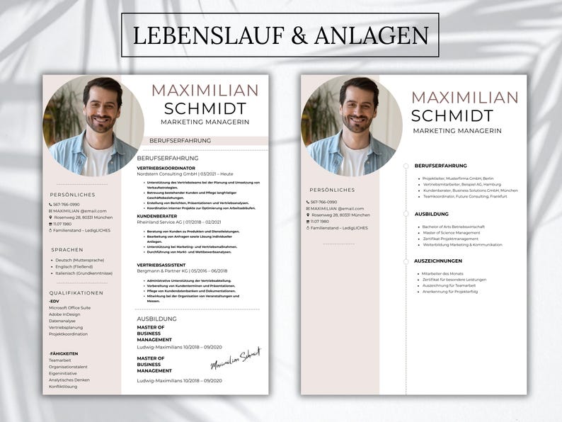 May include: Two resume templates titled LEBENSLAUF & ANLAGEN featuring a circular headshot of a man, contact details, professional experience, education, and skills sections. The documents use a clean layout with beige accents and black text.