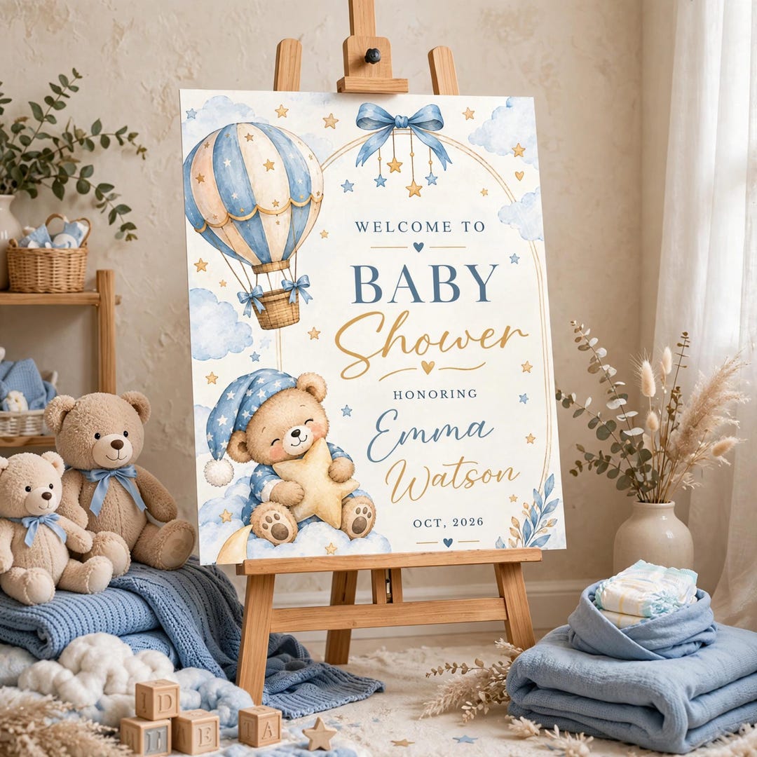 Teddy Bear Baby Shower Welcome Sign, Blue Balloon Bear Boys Shower ...