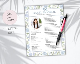 Sorority Resume Template with Photo | Sorority Resume and Cover Letter | Rush Resume Template | PNM | Floral | Recruitment Packet | Monogram