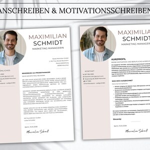 May include: Two white resume documents titled ANSCHREIBEN & MOTIVATIONSSCHREIBEN featuring a circular headshot of a man, the name Maximilian Schmidt, contact details, and professional text blocks in German, with a signature at the bottom.