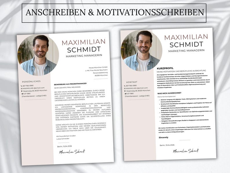 May include: Two white resume documents titled ANSCHREIBEN & MOTIVATIONSSCHREIBEN featuring a circular headshot of a man, the name Maximilian Schmidt, contact details, and professional text blocks in German, with a signature at the bottom.