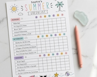 Druckbare bearbeitbare SOMMER Tägliche Checkliste für Kinder | Haushaltstabelle für Kinder | Sommerregeln | Sommer Routine | Sofort Download