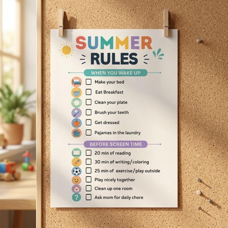 May include: A colorful "Summer Rules" chart, pinned to a corkboard with wooden clips. The chart lists daily tasks like making the bed, eating breakfast, and screen time guidelines. The text is in a playful font with colorful accents.