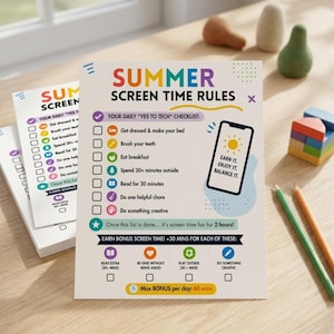 May include: A vibrant summer screen time rules checklist with the text "Summer Screen Time Rules". The checklist includes tasks like getting dressed, brushing teeth, and spending time outside. A smartphone graphic displays the text "Earn It. Enjoy It. Balance It."