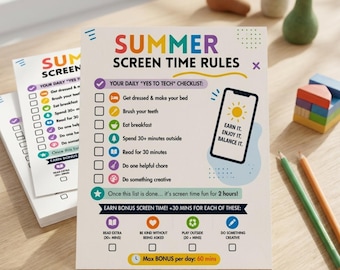 Tabla editable de tiempo de pantalla para niños en verano. Rastreador de reglas de tiempo de pantalla en verano. Lista de verificación diaria de verano. Planificador de verano para niños. Horario para adolescentes y preadolescentes.