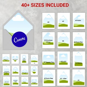 May include: An image showcasing various paper sizes and envelope styles, including A7, A6, and square formats. The image features a Canva logo and the text "40+ SIZES INCLUDED". The designs include a variety of shapes and sizes for stationery and invitations.