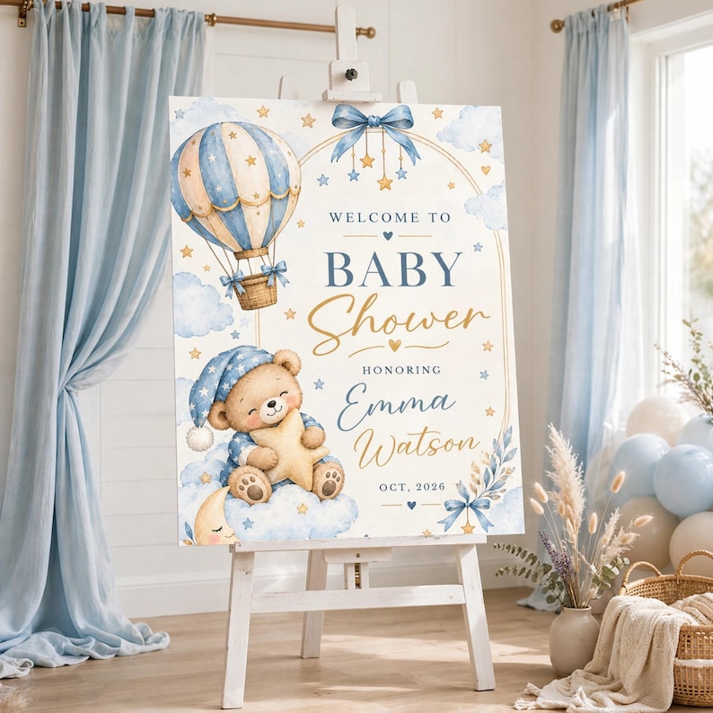 Teddy Bear Baby Shower Welcome Sign, Blue Balloon Bear Boys Shower ...
