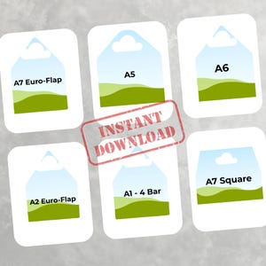 May include: A selection of white hang tags featuring a sky and landscape design. Each tag is labelled with a size, including A7 Euro-Flap, A5, A6, A2 Euro-Flap, A1-4 Bar, and A7 Square. The words "INSTANT DOWNLOAD" are stamped across the image in red.