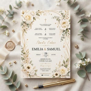 Op de afbeelding: Een rechthoekige trouwkaart met een crèmekleurige achtergrond, voorzien van gouden bloemenranden, witte rozen en eucalyptusbladeren. De tekst bevat de namen Emilia en Samuel, de datum 26 augustus 2026 en details in het Spaans. Een gouden pen ligt onder de kaart.