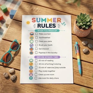 May include: A colorful "Summer Rules" checklist on a wooden surface, with a succulent in a terracotta pot, a rainbow pen, and sunglasses. The checklist includes tasks like making the bed and reading for 20 minutes.