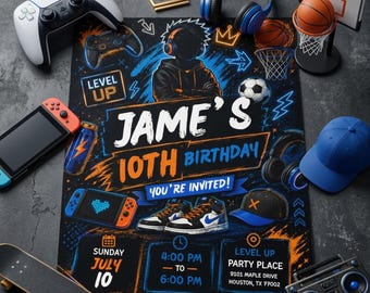 Verjaardagsfeestje tiener jongen, gaming uitnodiging, basketbal, pizza en muziek thema, Tween feestuitnodiging, bewerkbare 10e verjaardagsuitnodiging, Canva uitnodigen