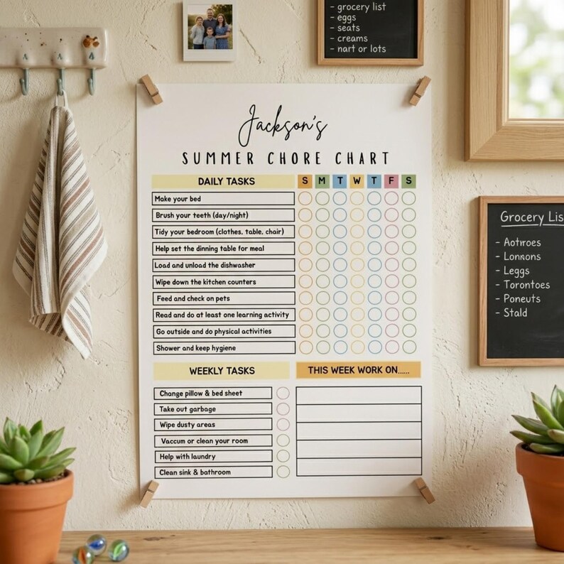 Puede incluir: Un cuadro de tareas titulado "Summer Chore Chart de Jackson" con tareas diarias y semanales. El cuadro incluye una lista de tareas con casillas de verificaci&oacute;n para cada d&iacute;a de la semana. Tambi&eacute;n se ve una foto familiar y una lista de compras.
