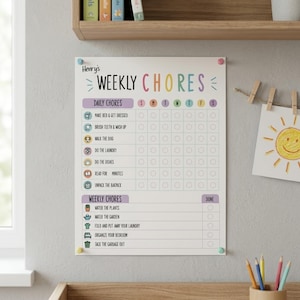 May include: A white weekly chore chart with colorful text and icons. The chart includes daily and weekly tasks, such as making the bed, brushing teeth, and walking the dog. The chart is personalized with the name "Henry's" at the top.