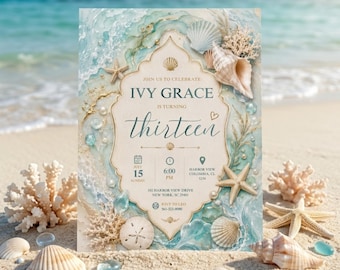 Peut inclure: Une carte d'invitation rectangulaire avec un cadre orné central de couleur crème portant le texte 'JOIN US TO CELEBRATE IVY GRACE IS TURNING thirteen', entouré de vagues océaniques à l'aquarelle, de coquillages, d'étoiles de mer et de perles.