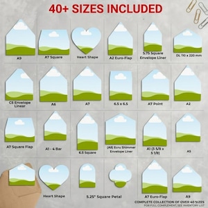 May include: A collection of envelope liners in over 40 sizes and shapes, each featuring a printed landscape of green hills and a blue sky with white clouds. The text 40+ SIZES INCLUDED is at the top, with labels like A9, A7, and Heart Shape below.