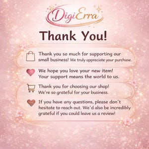 Puede incluir: Un gr&aacute;fico rosa y blanco con el logotipo de DigiErra y las palabras "Thank You!" en letras grandes. La imagen incluye texto que agradece a los clientes su apoyo y fomenta las rese&ntilde;as.