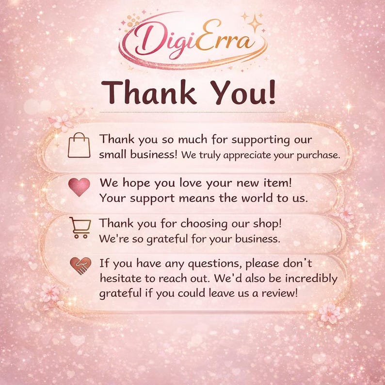 Puede incluir: Un gr&aacute;fico rosa y blanco con el logotipo de DigiErra y las palabras "Thank You!" en letras grandes. La imagen incluye texto que agradece a los clientes su apoyo y fomenta las rese&ntilde;as.