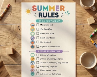 Zomerklusschema | bewerkbaar | Afdrukbaar takenschema voor kinderen | Checklist voor de zomer | routine | regels | schermtijdtoeslag | Zomerregels