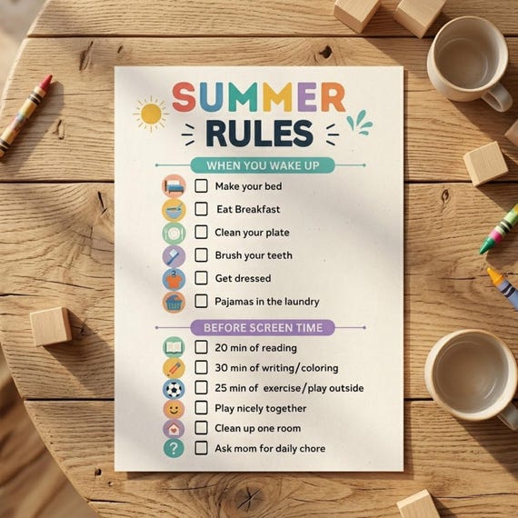 Summer Chore Chart | editable | Printable Chore Chart for Kids | Summer Checklist | routine | rules | screen time allowance | Summer Rules