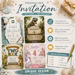 May include: A collection of four personalized invitation cards featuring themes of seashells, dinosaurs, and a unicorn. The cards display text details for birthdays, including names, ages, dates, and locations. A gold pen is positioned on the right side.