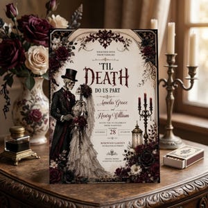 May include: A rectangular wedding invitation card featuring a gothic illustration of a skeleton couple in formal attire. The text reads 'TIL DEATH DO US PART', 'Amelia Grace and Henry William', and includes event details like date, time, and location.