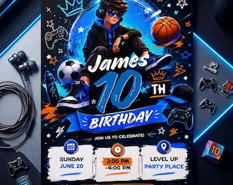 Verjaardagsfeestje tiener jongen, gaming uitnodiging, basketbal, pizza en muziek thema, Tween feestuitnodiging, bewerkbare 10e verjaardagsuitnodiging, Canva uitnodigen