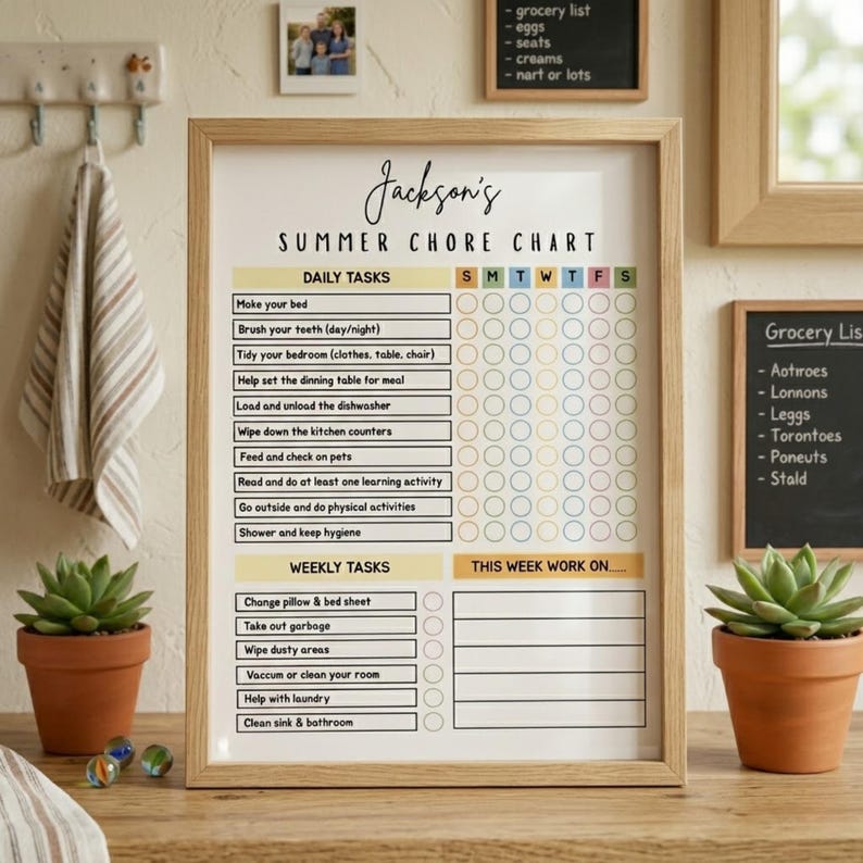 Puede incluir: Un cuadro de tareas de verano enmarcado con un marco de madera clara. El cuadro incluye tareas diarias y semanales, con espacio para marcar la finalizaci&oacute;n. El cuadro se titula "Summer Chore Chart de Jackson".