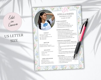 Modello di curriculum per confraternita con foto / Curriculum e lettera di presentazione per confraternita / Canva / Monogramma floreale blu e verde / Vita universitaria / Selezione / Laurea 2026