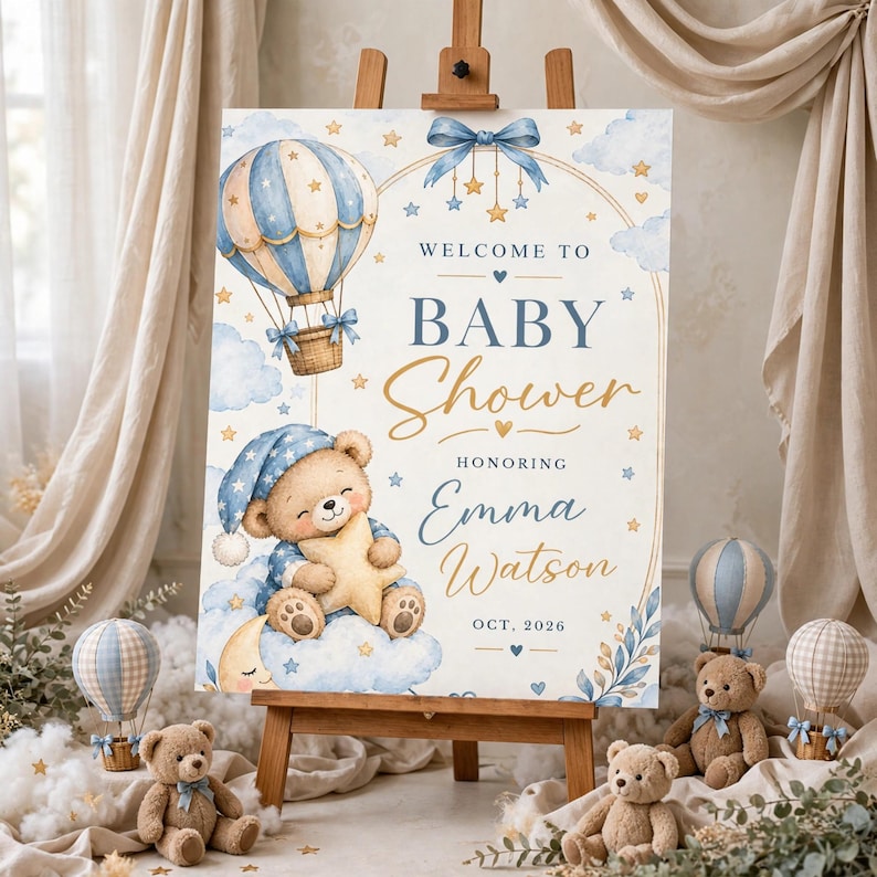 Teddy Bear Baby Shower Welcome Sign, Blue Balloon Bear Boys Shower ...