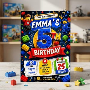 Può includere: Un colorato invito di compleanno con la scritta "EMMA'S 5TH BIRTHDAY". Il design include personaggi e blocchi in stile Lego, con dettagli dell'evento come l'ora, il luogo e la data. L'invito è decorato con stelle e un nastro rosso.
