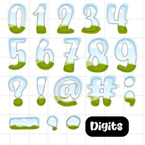 Pu&ograve; includere: Un set di numeri e simboli stravaganti, ognuno con un design paesaggistico blu cielo e verde. La parola "Digits" &egrave; in un rettangolo nero. Include i numeri da 0 a 9, pi&ugrave; i segni di punteggiatura.