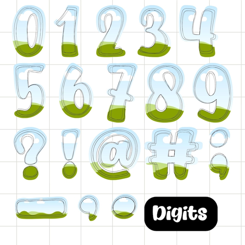 Pu&ograve; includere: Un set di numeri e simboli stravaganti, ognuno con un design paesaggistico blu cielo e verde. La parola "Digits" &egrave; in un rettangolo nero. Include i numeri da 0 a 9, pi&ugrave; i segni di punteggiatura.