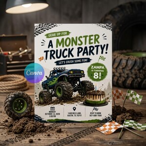 Op de afbeelding: Een Monster Truck Party-uitnodiging met een blauwe monster truck-afbeelding en de tekst "Gear Up For A Monster Truck Party!". De uitnodiging bevat de datum, tijd en locatie. Een verjaardagstaart en geblokte vlaggen zijn ook zichtbaar.