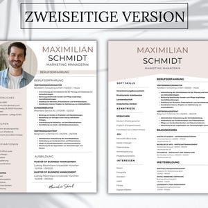 May include: A two-page resume template featuring the name Maximilian Schmidt, Marketing Manager, with sections for professional experience, education, skills, and interests. The layout includes a circular headshot, contact details, and text.