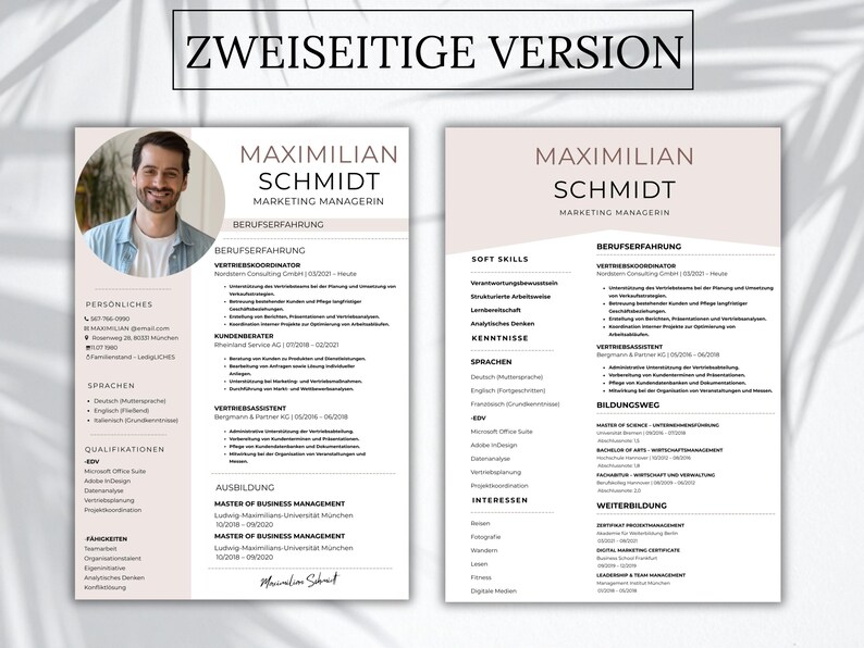 May include: A two-page resume template featuring the name Maximilian Schmidt, Marketing Manager, with sections for professional experience, education, skills, and interests. The layout includes a circular headshot, contact details, and text.