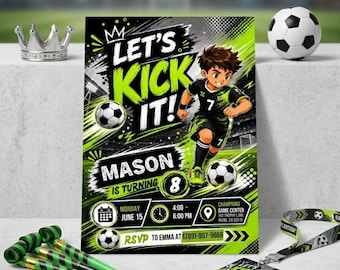 Laten we beginnen! Voetbalfeest voetbal, gras, aquarel zwart groen, voetbal, sport voetbal verjaardagsuitnodiging, bewerkbare canvassjabloon