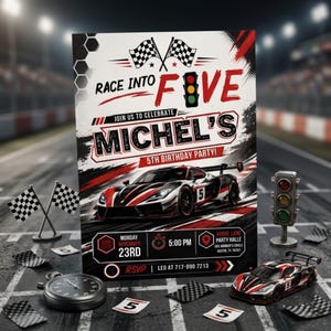 May include: A rectangular birthday party invitation card featuring a race car theme with red, black, and white colors. The text reads Race Into Five, Michel's 5th Birthday Party, Monday November 23rd, 5:00 PM, Grove Lane, and RSVP Leo at 717-090 7213.