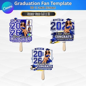 May include: Graduation fan template with a blue and white design. The fan features the text "Class of 2026" and "Congrats", along with a photo of a graduate. The sheet size is 8.5 x 11 inches.