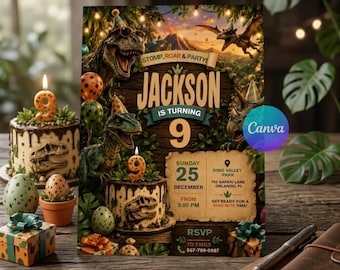 Bewerkbare dinosaurusuitnodiging, dinosaurusverjaardagsuitnodiging voor verjaardagsfeestje, dinosauruswereld uitnodigen, T-Rex-feestuitnodiging, Jurassic 1e 3e 5e verjaardag