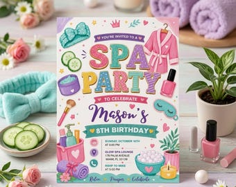 Uitnodiging voor verjaardagsfeestje voor spa, verwenfeestje, verjaardag meisje spa, uitnodiging roze strik, bewerkbare canvassjabloon