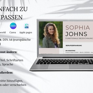Pu&ograve; includere: Un computer portatile argentato mostra un modello di curriculum con la foto di una persona, il nome Sophia Johns e il testo HR-ASSISTENZ. Lo schermo presenta sezioni per l'esperienza professionale e i dati personali, con icone di Microsoft Word, Canva e Apple Pages.