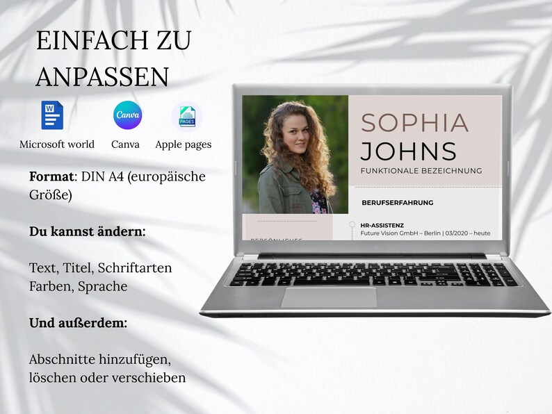 Pu&ograve; includere: Un computer portatile argentato mostra un modello di curriculum con la foto di una persona, il nome Sophia Johns e il testo HR-ASSISTENZ. Lo schermo presenta sezioni per l'esperienza professionale e i dati personali, con icone di Microsoft Word, Canva e Apple Pages.
