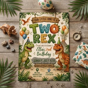 May include: A dinosaur-themed birthday invitation with the text "TWO REX" and "Ella's 2nd Birthday". The invitation features illustrations of dinosaurs, balloons, and a volcano, with the date "SUNDAY, JULY 15TH".