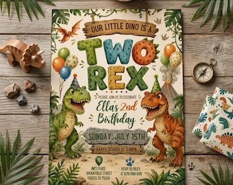 Pastelkleurige dinosaurus verjaardagsuitnodiging twee Rex 2e verjaardagsfeestje uitnodiging roze paars schattige dinosaurus Jurassic Jungle wilde dieren, canvassjabloon