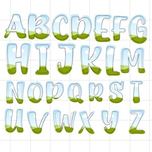 Pu&ograve; includere: Un alfabeto completo in un carattere stravagante a forma di bolla. Ogni lettera &egrave; riempita con un design paesaggistico con un cielo blu e colline erbose verdi. Le lettere sono delineate in blu scuro.
