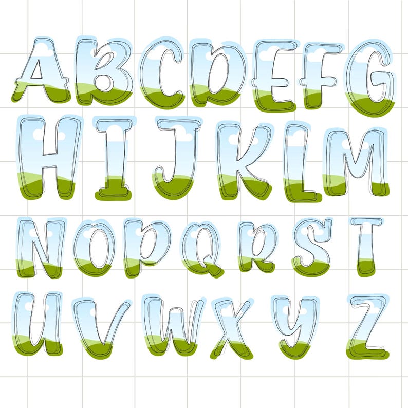 Pu&ograve; includere: Un alfabeto completo in un carattere stravagante a forma di bolla. Ogni lettera &egrave; riempita con un design paesaggistico con un cielo blu e colline erbose verdi. Le lettere sono delineate in blu scuro.