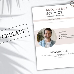 May include: A white resume cover sheet template featuring the name Maximilian Schmidt, Marketing Managerin, and a circular portrait. The document includes sections for contact details, professional experience, and the text Bewerbung.