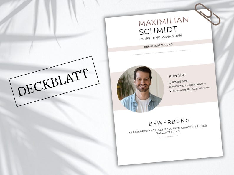 May include: A white resume cover sheet template featuring the name Maximilian Schmidt, Marketing Managerin, and a circular portrait. The document includes sections for contact details, professional experience, and the text Bewerbung.