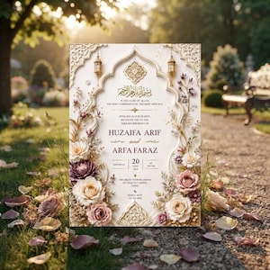 May include: A rectangular wedding invitation card featuring an ornate arched frame, gold lanterns, and floral arrangements of cream and mauve roses. The text includes the names Huzaifa Arif and Arfa Faraz, the date June 20, 2026, and event details.